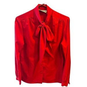 Vintage Vibrant Red Bow Blouse with Covered Buttons by Josephine.  Size = 10.